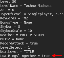 Level header for Techno Madness Zone with an arrow pointing to "Lua.RingslingerRev = true"