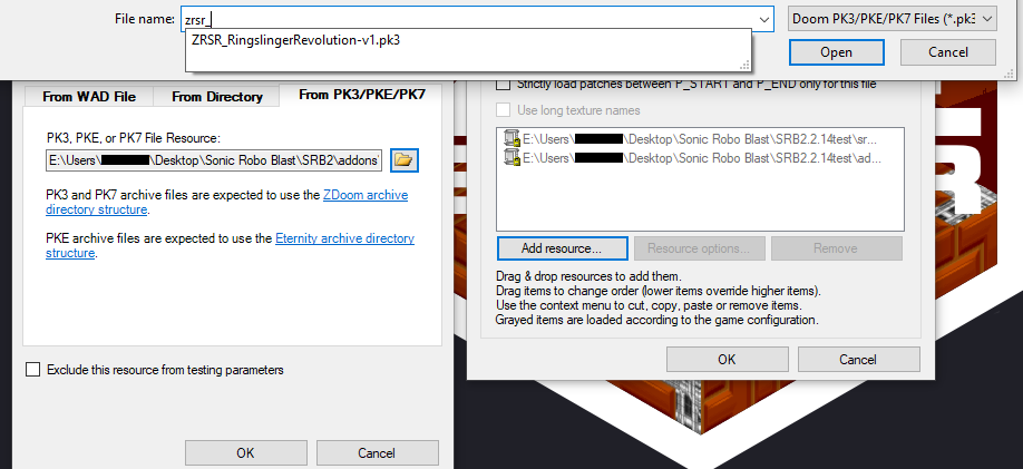 A screenshot of Ultimate Zone Builder's resources window showing Ringslinger Revolution's main PK3 being loaded